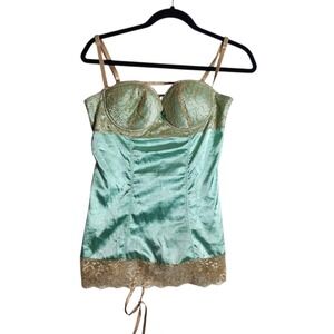 Fredericks of Hollywood Mint Green Gold Lace Corset Camisole Top Medium